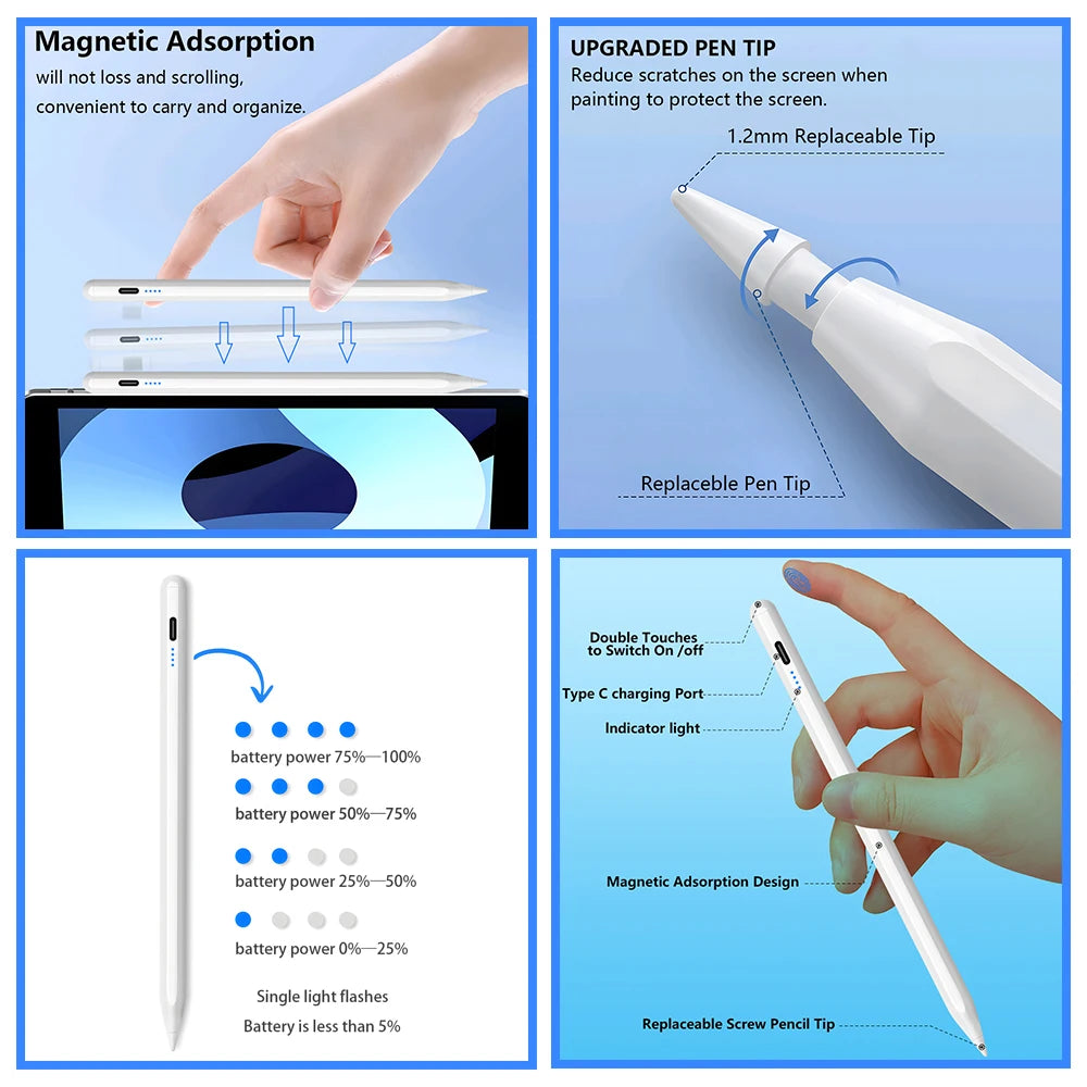 Stylus Pencil For Apple iPad 2018-2025 with LED Power